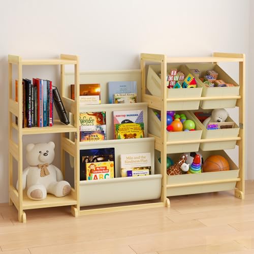 Image of Kids Bookshelf and Toy Storage Organizer with 3-Tier Book Display and Shelves, Kids Toy Organizers and Storage with Bins, Book Shelf for Kids Rooms, Playroom Decor for Toddler Bedroom Nursery