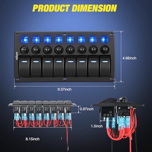 Nilight 8 Gang Rocker Switch Panel Waterproof Pre-Wired Marine with Resettable Circuit Breaker LED Backlight 5A 10A 15A Breakers 12V 24V ON Off 3 PIN Toggle Switches for Car Truck Boat RV by Nilight - Image 6