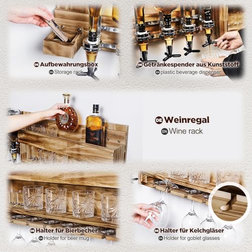 Foto von Yorbay Weinregal Palette beflammt Holz, Wandbar mit 4 Getränkespender Wand Flaschenhalter, Vintage, Geschenk (Regulär ohne LED)