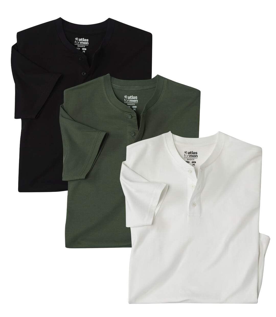 ATLAS FOR MEN - Pack of 3 Men's Plain Henley T-Shirts - Khaki White Black - XXL