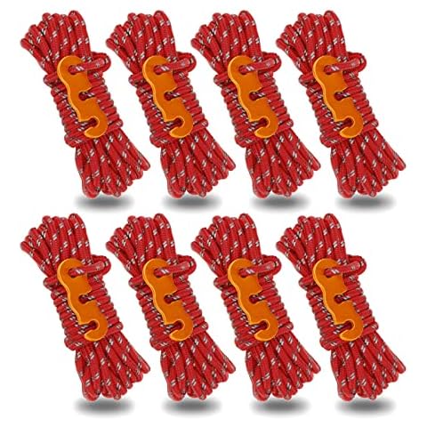 Reflektierend Abspannseile mit Aluminum Seilspanner, 4 M Zeltschnur mit Abspannschnalle, Φ 4mm Nylonschnur Spannschnur Camping Schnur Sturmband für Zelt Sonnensegel Wäscheleine (8 Stück Rot) Cover