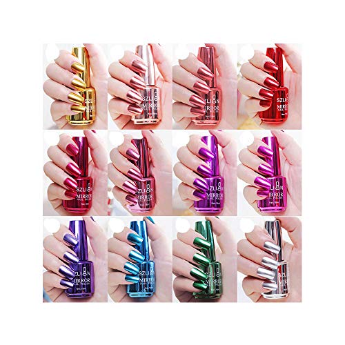 12 Colors Metallic Nail Polish Set - Half Mirror Effect Varnishes Metal Silver Long-Lasting Non-Peelable