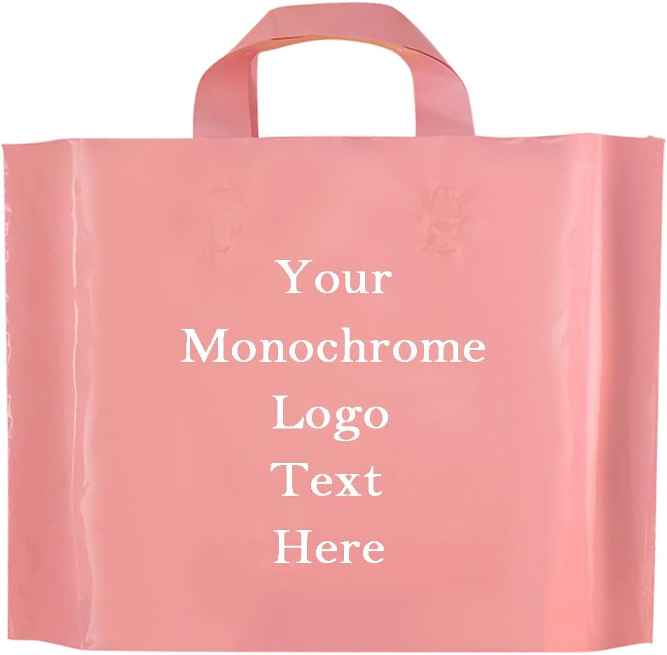 AGOWOO 50 Pcs Custom Plastic Bags with Handle Personalized Merchandise Gift Bag Printed Monochrome Logo Text on Single or Dual Sides for Birthday Party Christmas (13.8x9.8x3.9 in, pink)