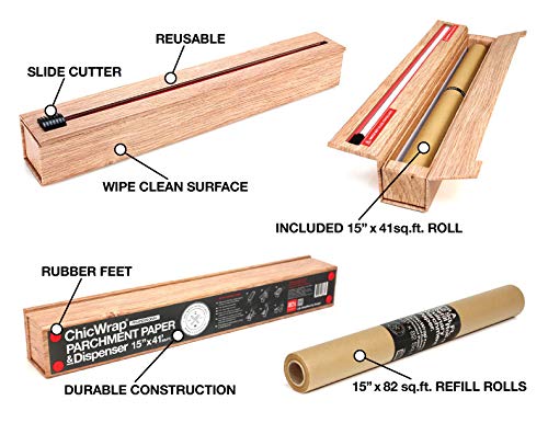 ChicWrap Wood Grain Parchment Paper Dispenser with 15"x 41" Sq. Ft Roll of Culinary Parchment Paper - Reusable with Slide Cutter Technology