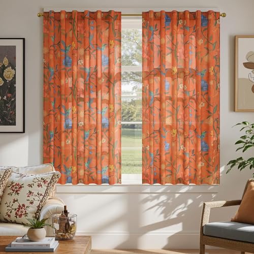 Image of JOOJA 54 Inch Boho Floral Curtains Tropical Bird Print Linen Semi Sheer Window Drapes for Kitchen, Bedroom, Bathroom, Living Room, Dining Room, Terracotta