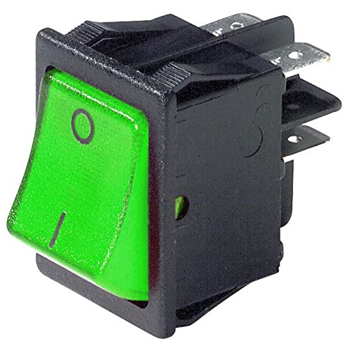 Portata: 250V 16A Interruttore bipolare a bilanciere DPST bipolare ON-OFF con tasto luminoso verde e con terminali faston 6,35mm, foro di montaggio 29x22mm, 250V 16A