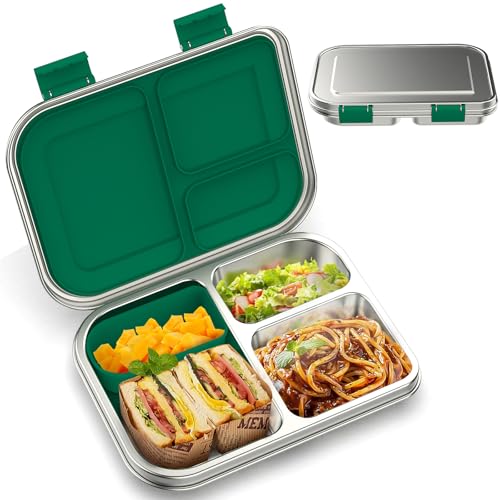 BOSEDSANG Stainless Steel Kids Leak-Resistant Bento Lunch Box, 3-Compartments with Silicone Container, Dishwasher-Safe, Child-Friendly Design for School, Picnics & Travel,BPA-Free (Green)