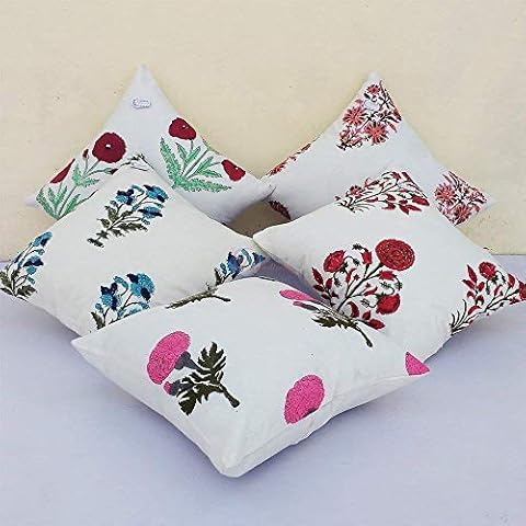 Traditional Jaipur Set of 5 Block Print Fabric Indian Cushions Pillow Covers Decorative Throw Pillowcases Handcrafted Outdoor Cushion Cover Boho Pillow Shams (16 x 16 inches) Cover
