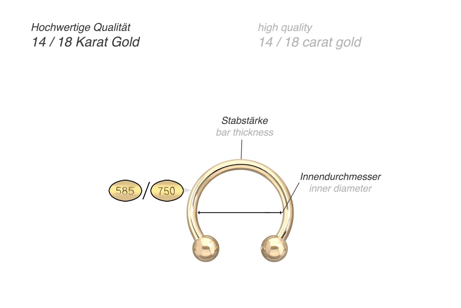 PIERCINGLINE 14K Gold Hufeisenring 585er Gold - Roségoldfarben, Goldfarben, Silberfarben