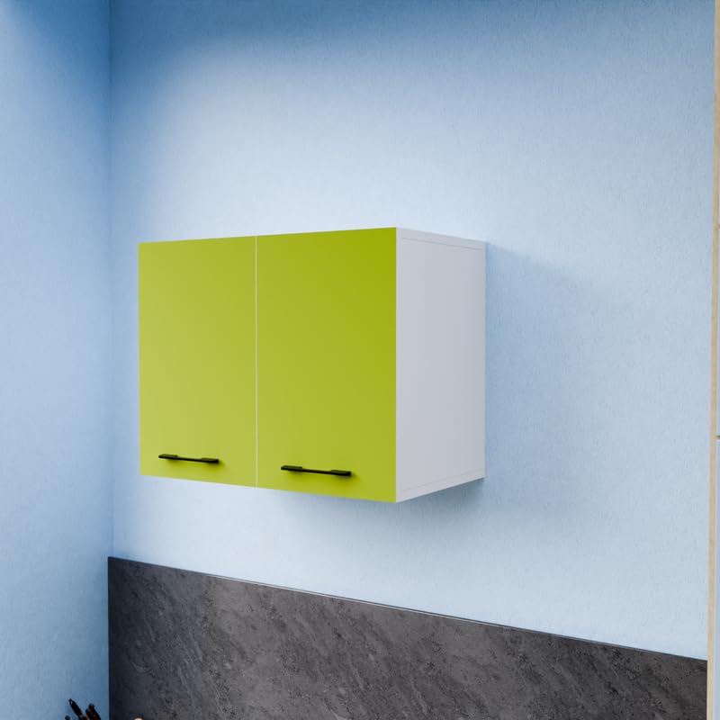 Funtree 2 Door Multipurpose Wall Mounted Cabinet with Adjustable Shelf | Storage for Modular Kitchen, Bathroom, Office & Living Room | Assembly-DIY | Color-White & Parrot Green | Size-60x33x43.1 Cm