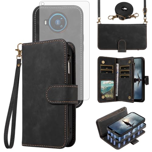 Étui portefeuille Nokia X100 5G antichoc avec fermeture éclair et verre trempé