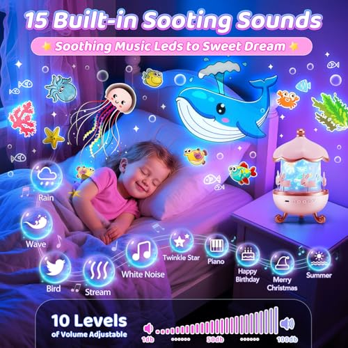 One Fire Princess Gifts for Girls Toys, 15 Music+15 Films+315 Colors Night Light Projector, 360°+Remote+Cordless Star Projector for Kids, Mermaid Gifts for Girls Room Decor, Pink Baby Toddler Toys by One Fire - Used condition - Image 6