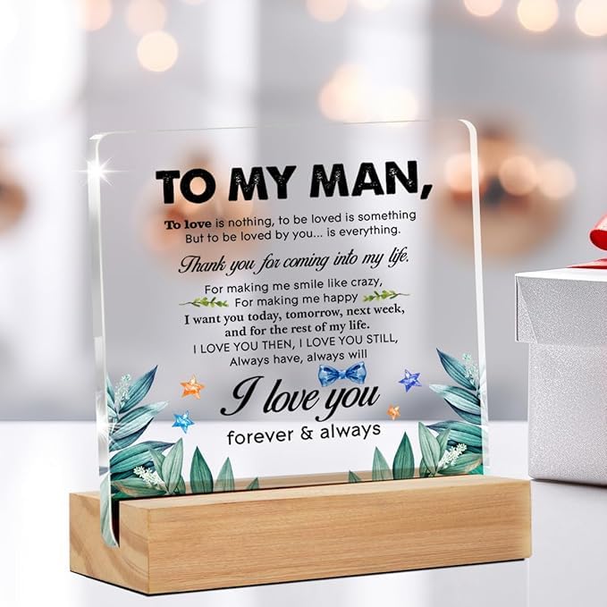 Image of Bs amor Romantic Gifts for Him Men, Thank You Gift for Husband Boyfriend Birthday Christmas Valentine's Day, to My Man Clear Acrylic Sign 5 x 4 Inches