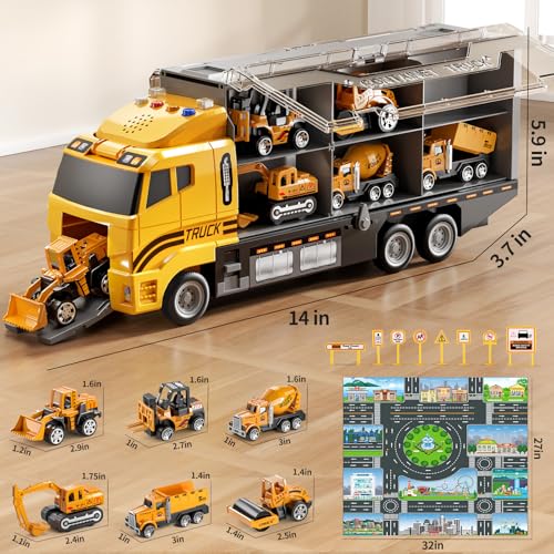 TEMI Construction Truck Set with Play Mat, Carrier Truck Toys for Kids Toddlers, Die-Cast Metal Toy Car Set, Christmas Birthday Gift for Age 3 4 5 6 + Years Old Boys Girls - Image 3