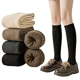 VEGCOO 4 Paia Calze Alta Donna, Calzini Termiche Di Invernali Calzettoni Donna a Maglia Calze, Calze Inverno Stivali, Nero/Grigio Scuro/Caffè/Avena, 35-40
