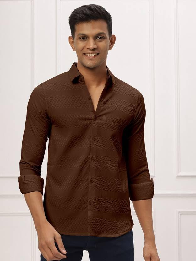 Image of Men's Polycotton Casual Textured Button Down Regular Fit Shirts Long Sleeve Shirt