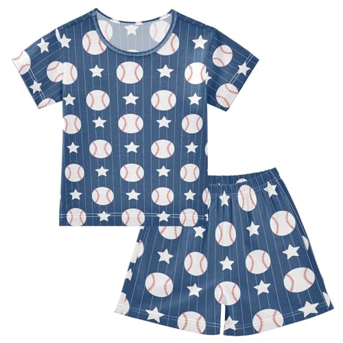 ALAZA Cartoon Star Baseball Striped Navy Blue Pajamas Short Sleeve 2 Piece Sleepwear Top and Bottom Pajama Set Unisex