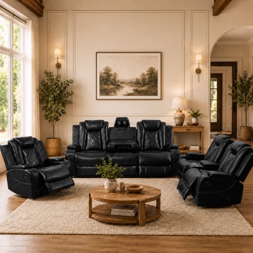 Power Reclining Leather Sofa Set with LED & USB