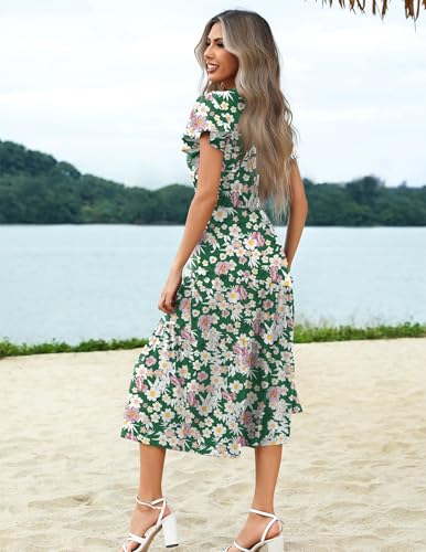 Image of Zeagoo Women's Summer Casual Dress Flutter Short Sleeve V Neck Button Down Tiered Flowy Long Dress with Pockets