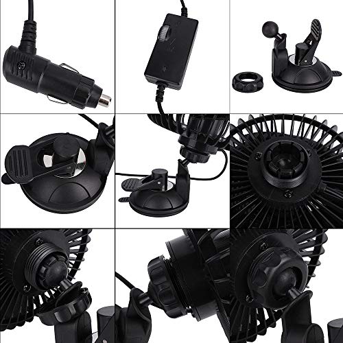 QIFUN 12V 6 inch Car Cooling Fan, 360 Degree Adjustable Vehicle Fan, Powerful Ventilation Electric Fans with Suction Cup & Cigarette Lighter Plug for Car Truck Van SUV RV Boat