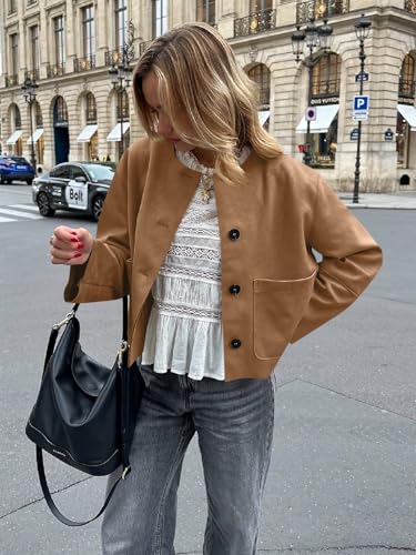 Cicy Bell Womens Faux Suede Leather Jackets Trendy Casual Cropped Outerwear Button Down Collarless Short Bomber Shackets 6