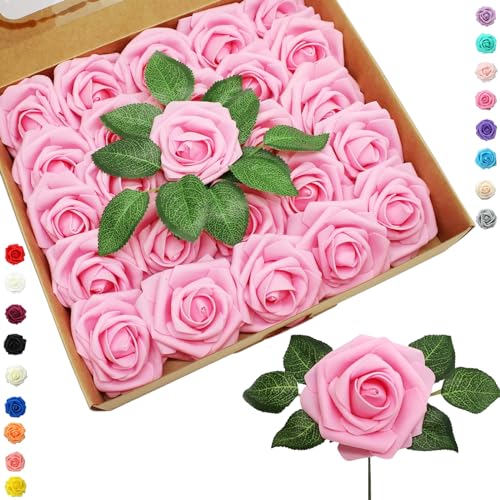 COSORO 25 Stück Rosa Künstliche Blumen Rosen,Deko Blumen Realistisch Schaumrosen mit Stielen...