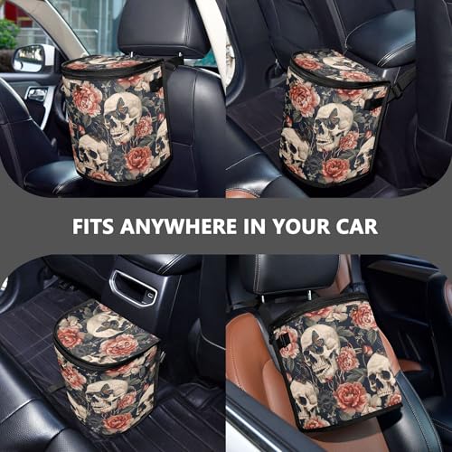 Image of MNSRUU Car Trash Can with Lid, Skull Peony Car Trash Bag Hanging Organizers and Storage for Front Back Seat, Leak-Proof Trash Bin