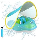 Flotador Bebe Inflable, Flotador Bebé con Parasol Extraíble, Natación para Bebé, Flotador Portátil Ajustable para Piscina de Bebé, para Niños de 6 a 36 Meses, Inflador Incluido (delfín)