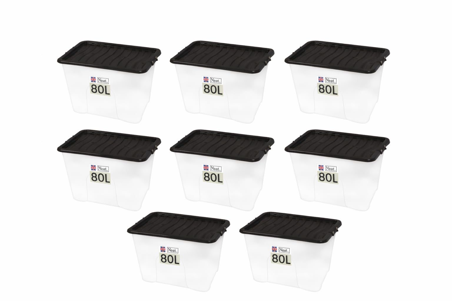 Neat. Plastics Large Plastic Storage Box With Black Clip-On Lids, Durable & Stackable Organizing Box Container For Home, Garage & Office, Set of 8