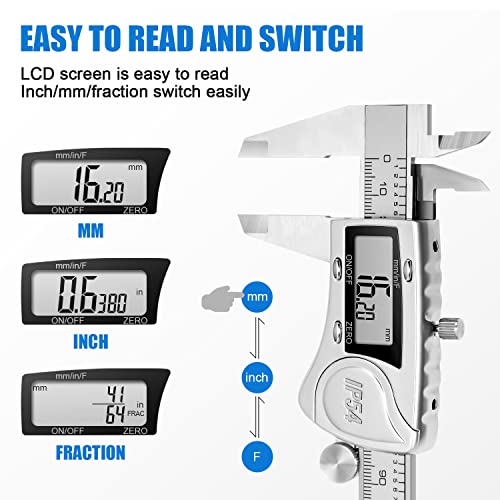 Dikako Digital Caliper Measuring Tool, 0-6-Inch Stainless Steel Digital Micrometer, Ip54 Waterproof Protection Design, Inch/Mm/Fraction Conversion, With Large Lcd Screen, Auto - Off Feature #TOP2