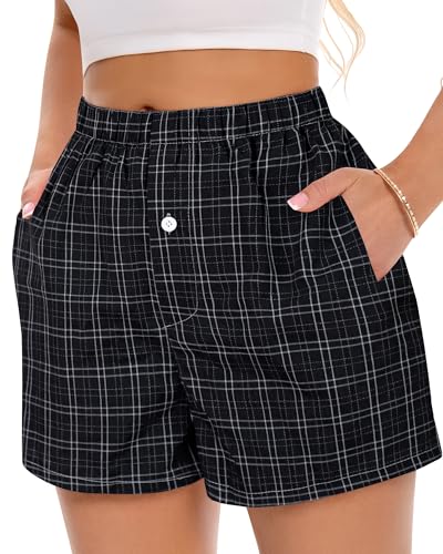 Image of Women Boxer Shorts Summer Gingham Pj Casual Plaid Bottoms with Pocket