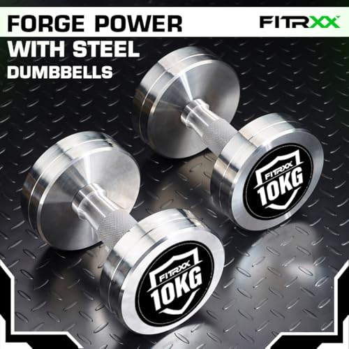 Image of Fitrxx Pair of chrome plated steel Fixed Weight Dumbbells - Gym equipment for home workout | Fitness Gym Dumbbell set for Muscles | stainless steel dumbles set | Dumbell Weights for Workout (Silver, 10 Kg Pair)