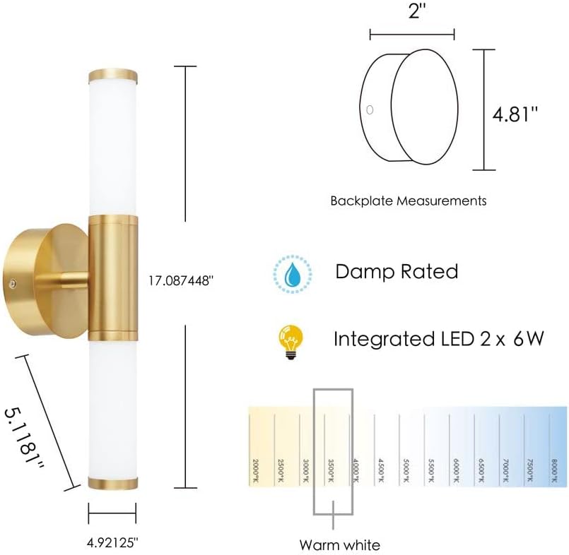 EGLO Palmera 17" Modern Vanity Light Damp Certificated Wall Sconce Bathroom Dimmable LED Mirror Lighting Fixture, Gold