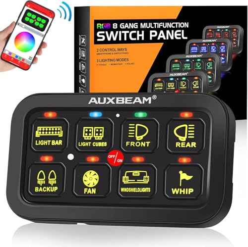 Auxbeam 8 Gang Switch Panel RGB AR-800 Toggle Momentary Pulsed Bluetooth Switch Panel for Truck SUV UTV ATV Marine RV Camper Van, Multifunction 12-24V Waterproof 2 Years Warranty
