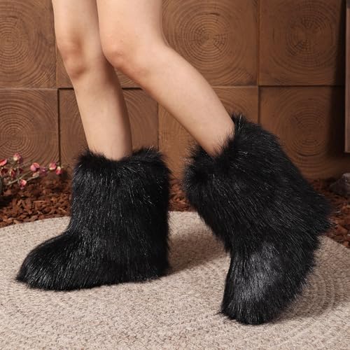 Women Faux Fur Furry Boot Fluffy Mid Calf Snow Boots Round Toe Suede Comfy Warm Flat Shoes Winter For Girl3