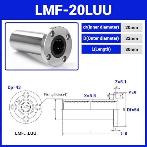 LMF20LUU Lange Linearkugellager mit rundem Flansch, 20 mm Bohrungsdurchmesser, 32 mm Außendurchmesser, 80 mm Länge mit doppelseitiger Gummidichtung für CNC, 3D-Drucker 1 Stück