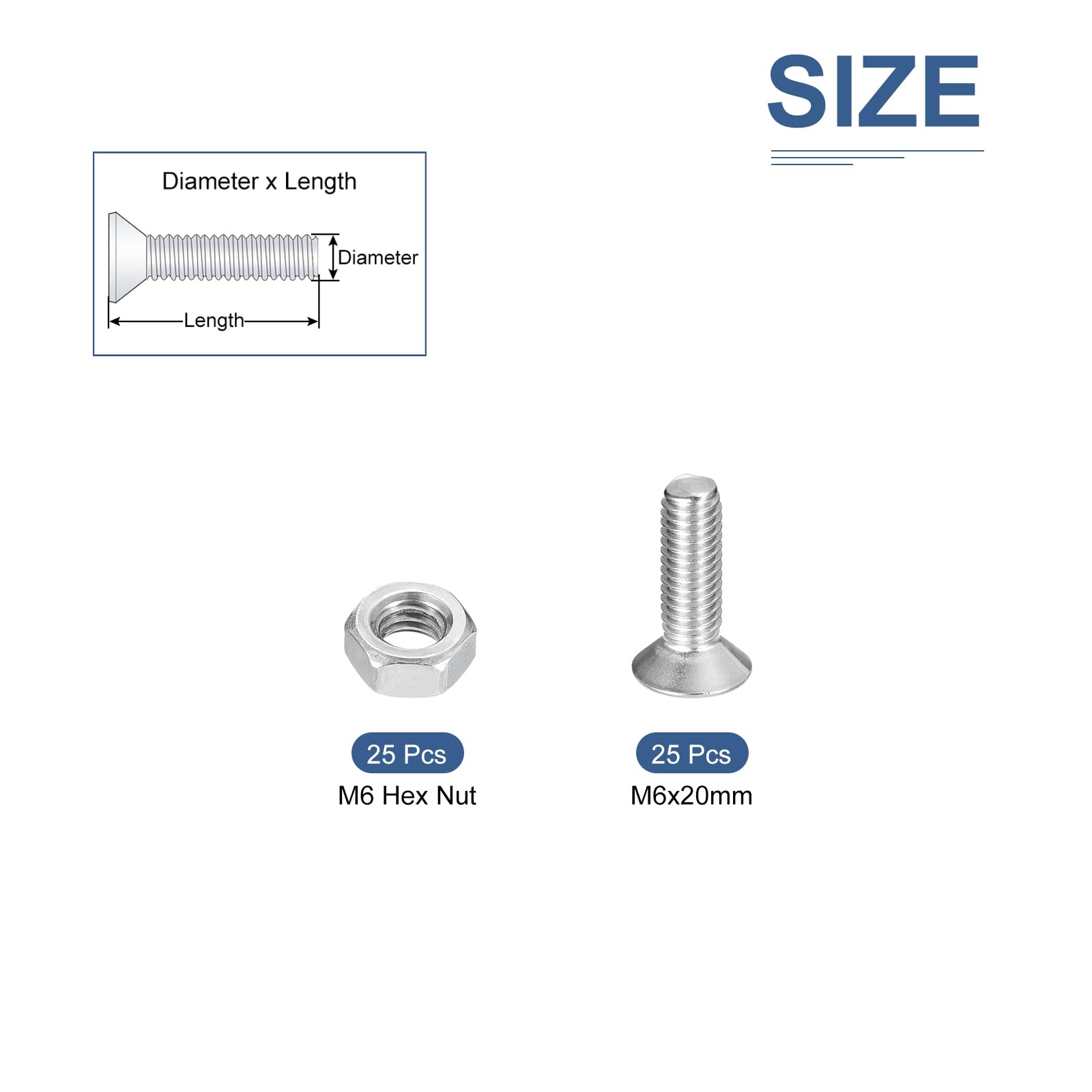 DTGN 50Pcs M6-1.0 x 20mm Flat Head Hex Socket Cap Screws Bolts Nuts Kit, 304 Stainless Steel Round Flat Metric Machine Screws - Image 2