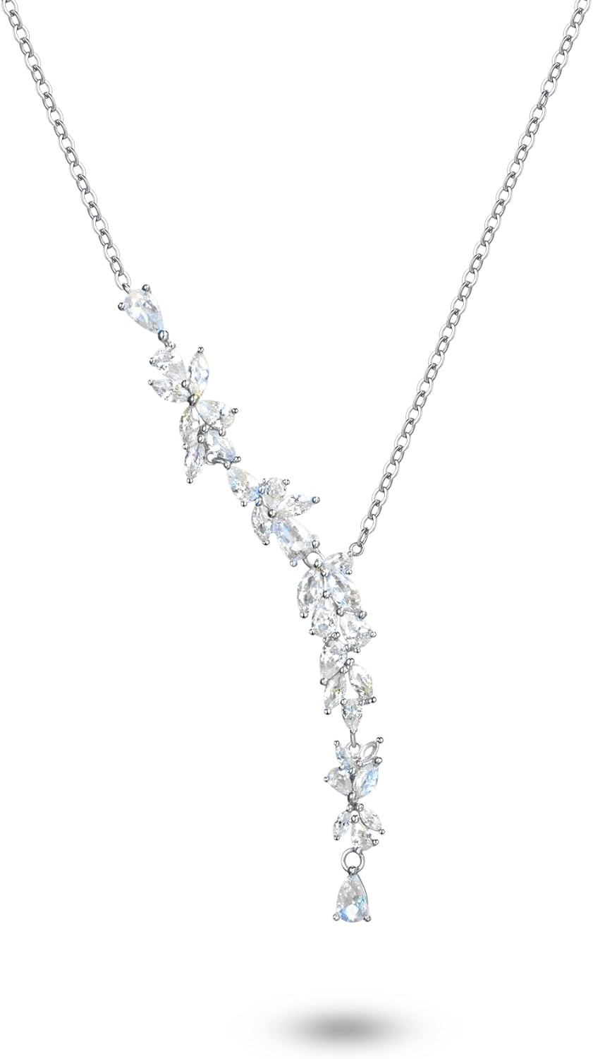 FANCIME Wisteria Reverie Necklace for Women Sterling Silver Simulated Diamond Flower Drop Y Necklace Fine Jewelry Wedding Birthday Anniversary Christmas Gifts for Wife Women Bride Her