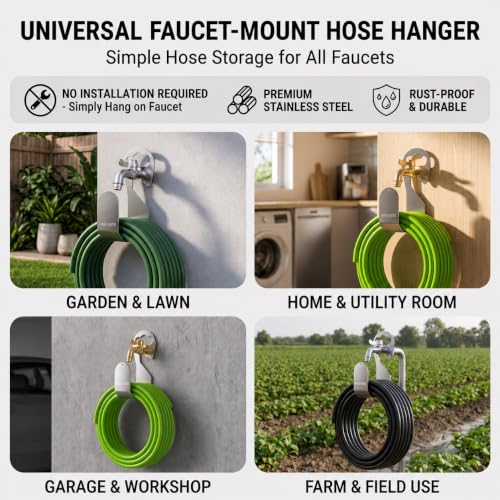 Image of Herrlich Homes 304 Stainless Steel Garden Hose Holder | Wall Mounted Hose Pipe Hanger with Hand Grip | Heavy Duty Rustproof Hose Organizer