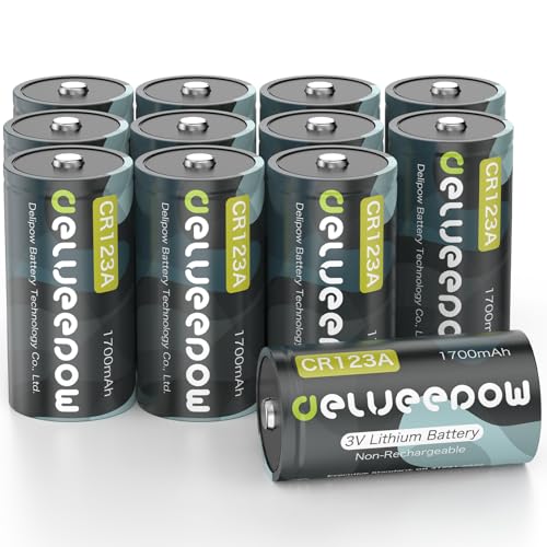 Delyeepow CR123A 3V Piles au Lithium 12 Pièces, 1700mAh 3 Volt CR123A Pile avec Photo Piles Jetables 3 Volt Pile au Lithium pour Flash D'appareil Photo, Lampe de Poche