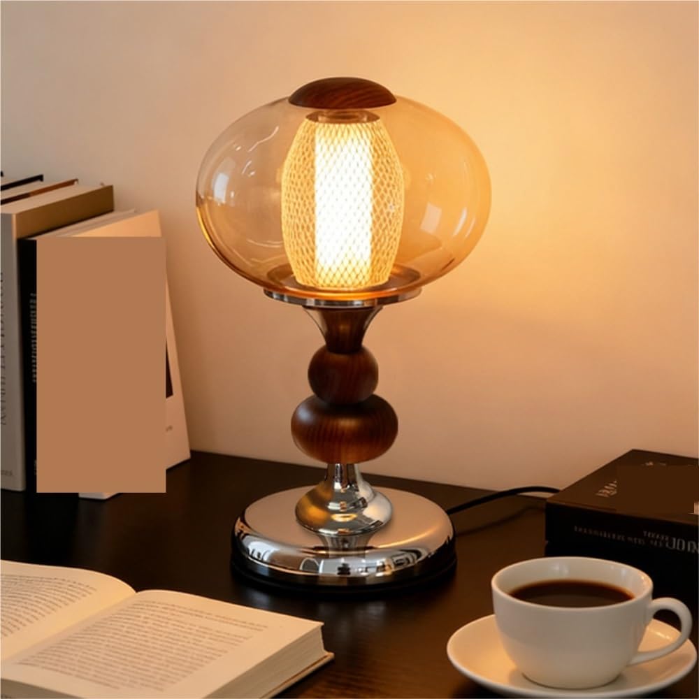 Lampada vintage in legno, luce notturna da comodino touch | Base in legno massello, paralume in vetro, controllo touch, metà secolo, luce notturna