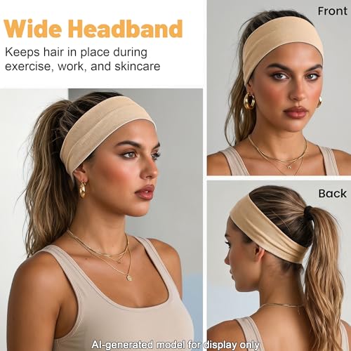 WENNKINN Headbands for Women Non Slip, Soft Cotton Elastic Cloth Hairband for Workout Gym Running Sports, Sweat Wicking Wide Headband, 3 Pack with Bag(Black, Khaki, Light Coffee) — view 3