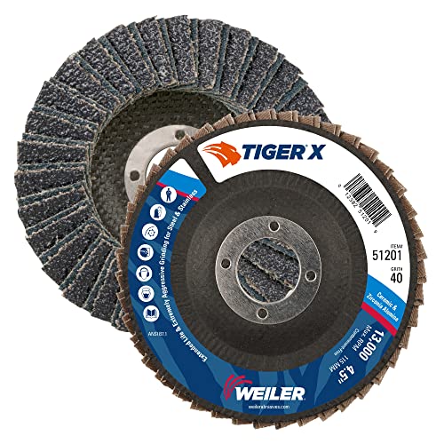 Image of Weiler 51201 Tiger X Flap Disc, Ceramic and Zirconia Alumina, Angled, Phenolic Backing, 40 Grit, 4-1 /2 inch,Type 29 7 /8 inch Arbor (Pack of 10)
