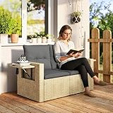 Outsunny 2 Seater Wicker Outdoor Sofa, Patio Sofa Loveseat with Flip-Up Side Trays, Rattan Outdoor Patio Couch with Cushions for Porch, Garden, Backyard, Light Grey