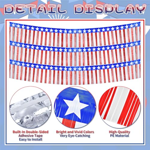 Image of 2 Strings Total 39.4 ft Patriotic Tinsel Garland - Each 19.7ft Red White and Blue Stars Fringe Garland for 4th of July, Memorial Day, Parade Float, and Party Decorations