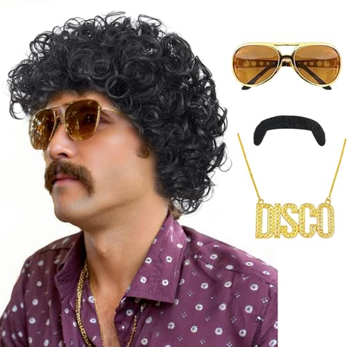 Image of 70s Disco Afro Curly Wig for Men - Short Fluffy Black Synthetic Wig for Halloween, 70s Party, Cosplay, Retro Costume (Black)