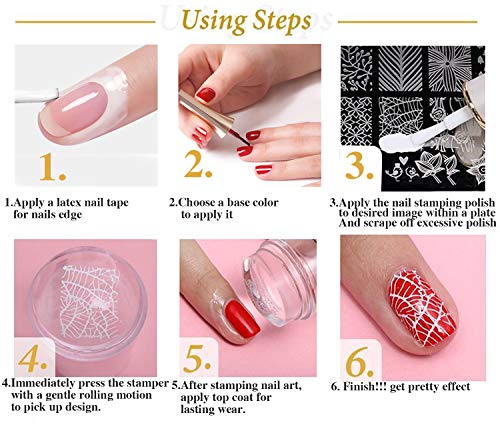PrettyDiva Nail Stamping Polish - 4 Bottles Nail Art Lacquer Polish Green Red Black White Nail Plate Polish Varnish and Free Fast Drying Top Coat for Manicure Printing - Thumbnail 6