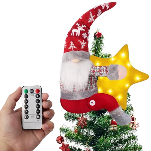Gnome Christmas Tree Topper, Gnome Christmas Decorations with Lights, Gnome Plush Ornaments with Remote Control, Gnome Santa Ornaments, Christmas Home Decor Curtain Tie Wine Bottle Decoration