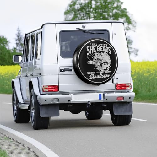 Image of Fishing Humor Spare Tire Cover - 15-inch Black PVC Leather Wheel Protector with Funny Fishing Saying - Waterproof & Durable for RV, Jeep, Trailer, SUV
