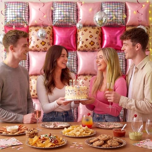 Image of Xqumoi Cheetah Print Square Foil Balloons Wall Backdrop - 36pcs Mixed Color Leopard Print Balloon Kit, Party Decor for Birthday, Bachelorette, Wild Theme Party Photo Booth Backdrop (Pink)